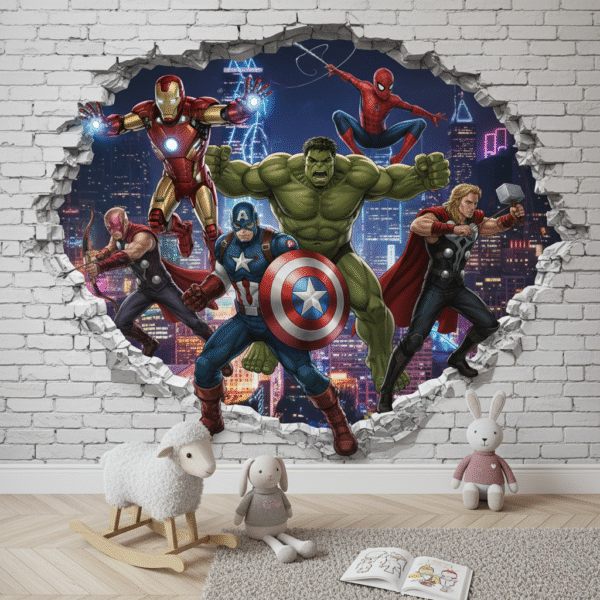 Papel de parede infantil com estampa dos Vingadores (Marvel) para quarto de criança.