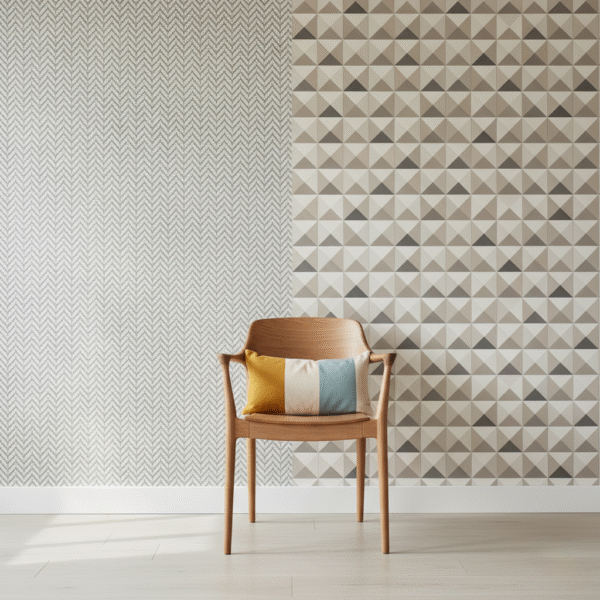 Papel de parede com estampa geométrica em tons de cinza e bege para decoração de interiores.