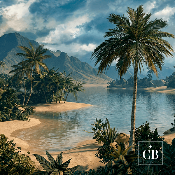Papel de parede com paisagem tropical de praia, palmeiras e montanhas para decoração de ambientes.