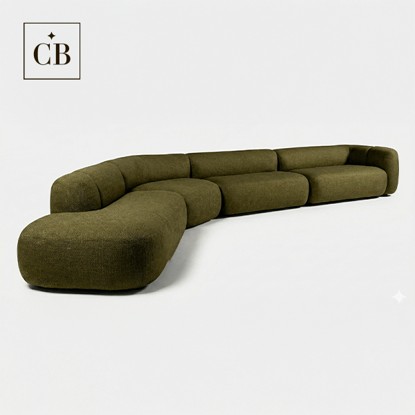 Sofá Pomme curvo em tom verde musgo, design moderno e orgânico para ambientes sofisticados.